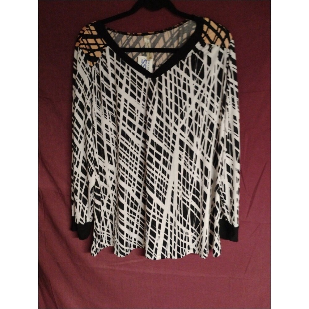 Per Seption Women 3X Top Abstract Striped Stretch V-neck Long Sleeve Blouse